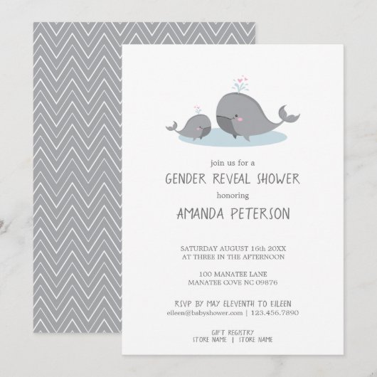 Invitation Cute Mama & Baby Whales Blue Chevron Révélation de (Devant / Derrière)