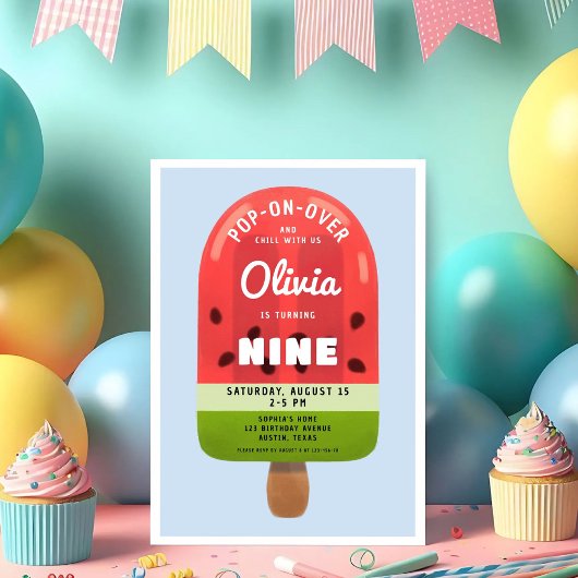 Invitation Cute Melon Popsicle Girl 9e anniversaire