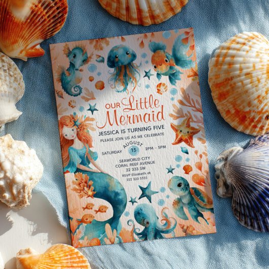Invitation Cute Mermaid Ocean Marine Life Anniversaire de enf