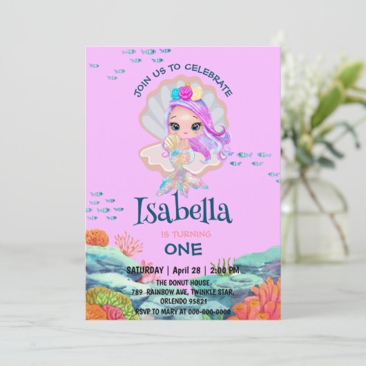 Invitation Cute Mermaid parties scintillant perle arc en ciel (Debout devant)