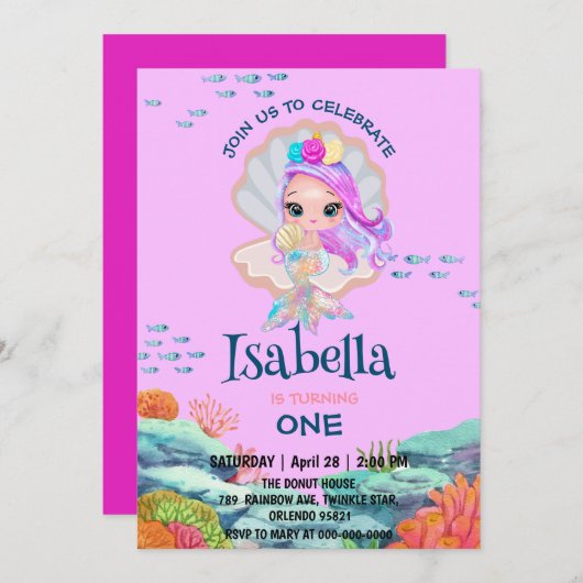 Invitation Cute Mermaid parties scintillant perle arc en ciel (Devant / Derrière)