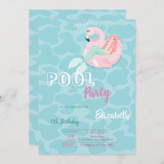 Invitation Cute Mermaid Pool fête d'anniversaire (Devant / Derrière)