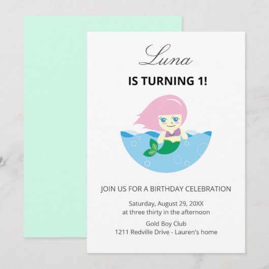Invitation Cute Mermaid Queen Under the sea 1st Birthday  (Devant / Derrière)