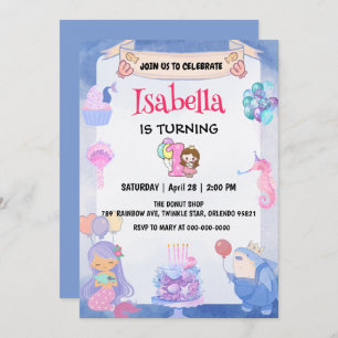 Invitation Cute Mermaid Rainbow Unicorn 1er anniversaire