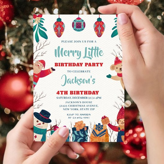 Invitation Cute Merry Little Christmas 4th Birthday