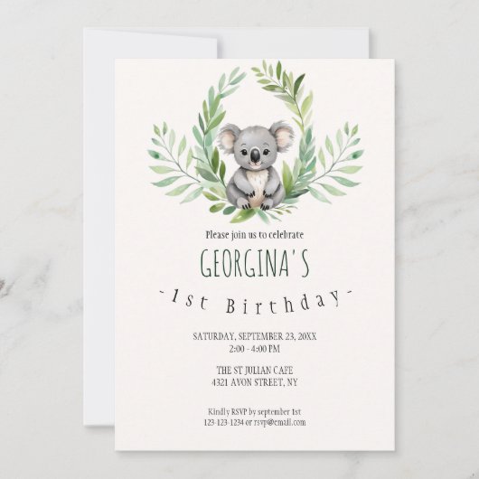 Invitation Cute Minimal Ours Koala Anniversaire (Devant)