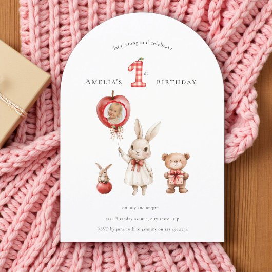 Invitation Cute minimal watercolor photo "1st" Birthday