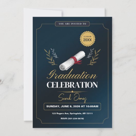Invitation Cute Modern Elegant Navy Blue White Graduation  (Devant)