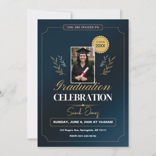 Invitation Cute Modern Elegant Navy Blue White Graduation (Devant)