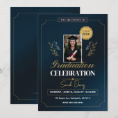 Invitation Cute Modern Elegant Navy Blue White Graduation (Devant / Derrière)