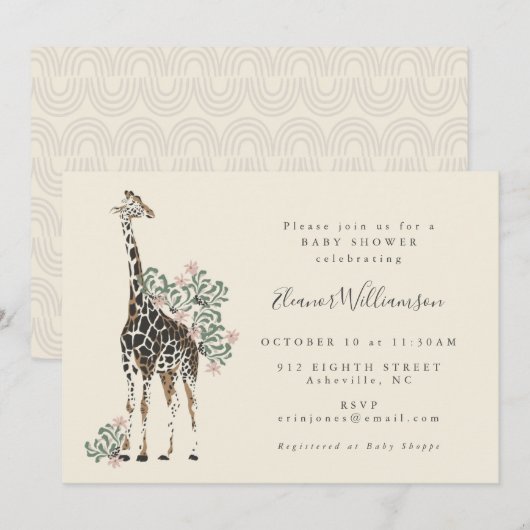 Invitation Cute Modern Floral Giraffe Baby shower simple (Devant / Derrière)