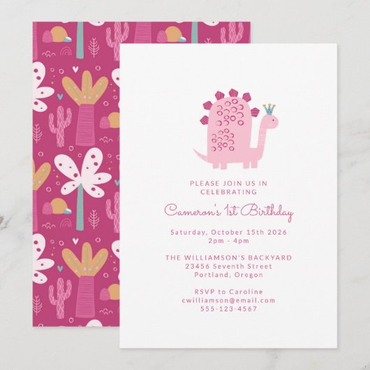 Invitation Cute Modern Pink Dinosaur 1er anniversaire (Devant / Derrière)