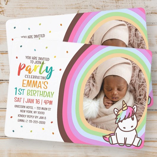 Invitation Cute Modern Rainbow Unicorn Photo Anniversaire de 