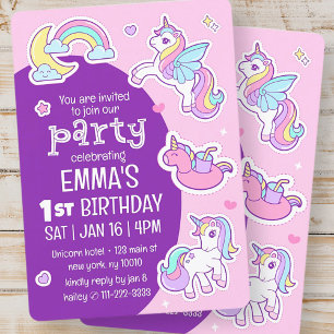 Invitation Cute Modern Rainbow Unicorns fête d'anniversaire p