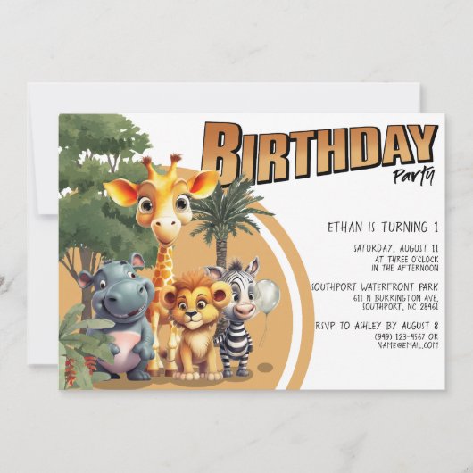 Invitation Cute Modern Safari Bébé Animaux Fête d'anniversair (Devant)