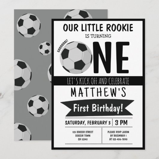 Invitation Cute Modern Soccer Ball Ribbon Enfants 1er anniver (Devant / Derrière)