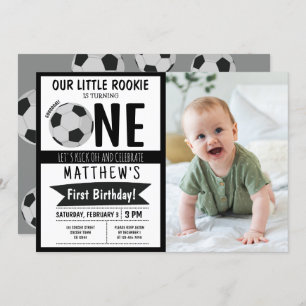 Invitation Cute Modern Soccer Ruban Photo 1er anniversaire