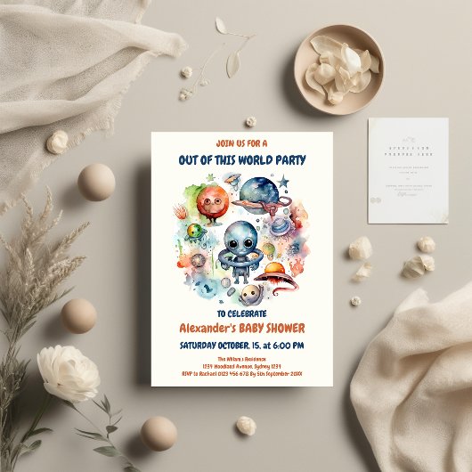 Invitation Cute Modern Space Astronaut Alien Baby shower