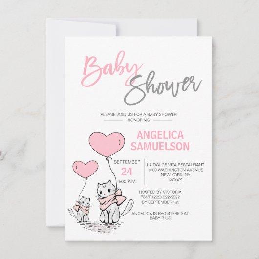 Invitation Cute Moderne Chat Rose Kitten Girls Baby shower (Devant)