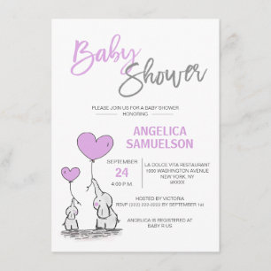 Invitation Cute Moderne LAVENDER Maman Elephant & Baby shower