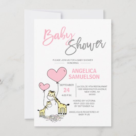 Invitation Cute Moderne Rose Mommy Giraffe Girls Baby shower (Devant)