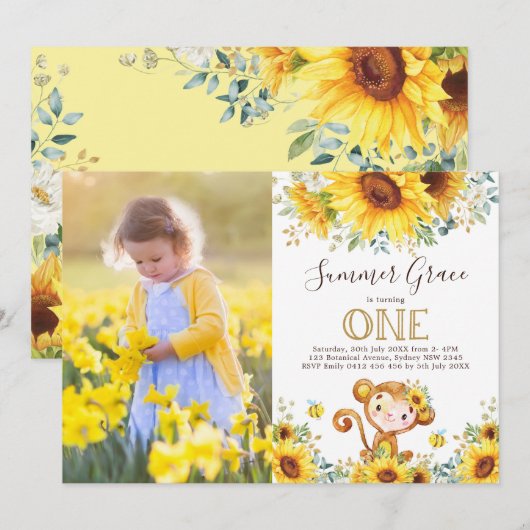 Invitation Cute Monkey 1er Anniversaire Sunflower Gold (Devant / Derrière)