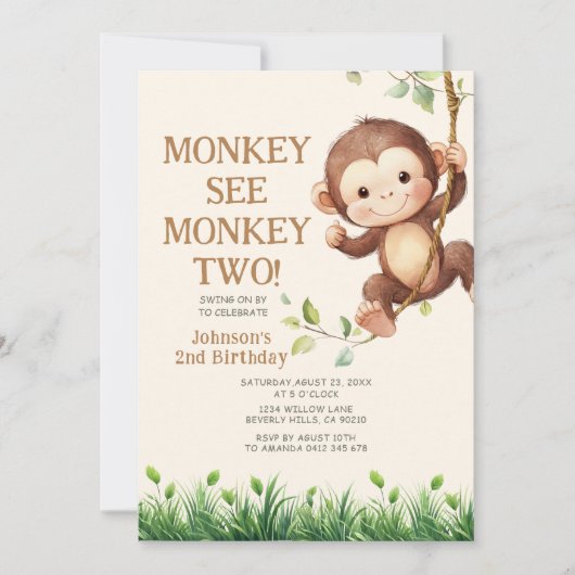 Invitation Cute Monkey See Monkey Two Safari 2nd Birthday (Devant)