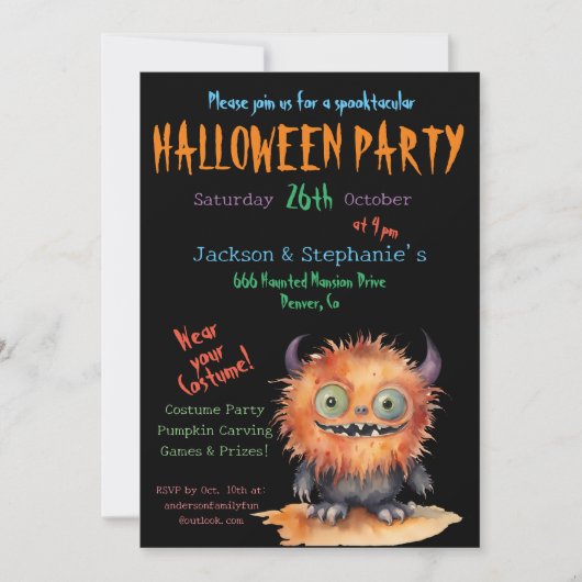 Invitation Cute Monster Bash Halloween Costume Party (Devant)