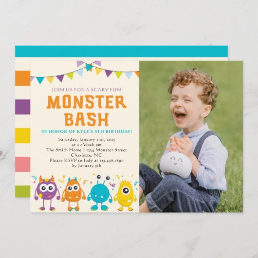 Invitation Cute Monster bash photo fête d'anniversaire (Devant / Derrière)
