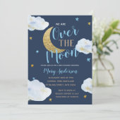 Invitation Cute Moon Marine Baby shower bleu et or (Debout devant)