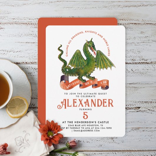 Invitation Cute Moyen Age Orange Green Dragon Enfants Anniver