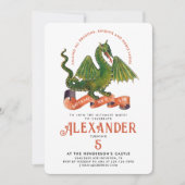 Invitation Cute Moyen Age Orange Green Dragon Enfants Anniver (Devant)