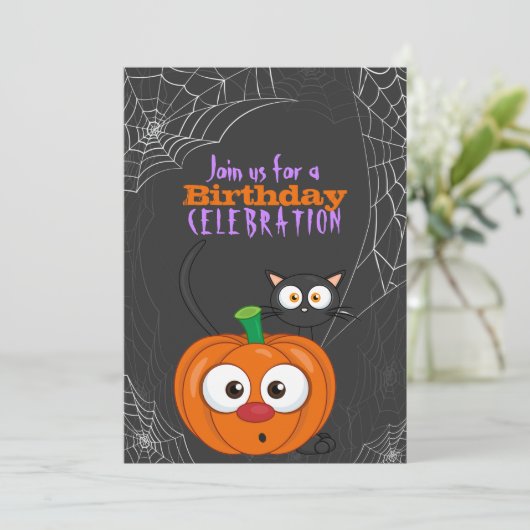 Invitation Cute n Éffrayant Scaredy Chat et Citrouille Annive (Debout devant)