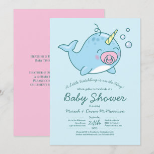 Invitation Cute Narwhal Baby shower Kawaii Rose Girl