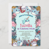 Invitation Cute Narwhal fish Pattern Watercolor Under the Sea (Devant)