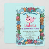 Invitation Cute Narwhal fish Pattern Watercolor Under the Sea (Devant / Derrière)