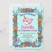 Invitation Cute Narwhal fish Pattern Watercolor Under the Sea (Devant)