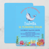 Invitation Cute Narwhal Fish Unicorn Baleine mer Anniversaire (Devant / Derrière)