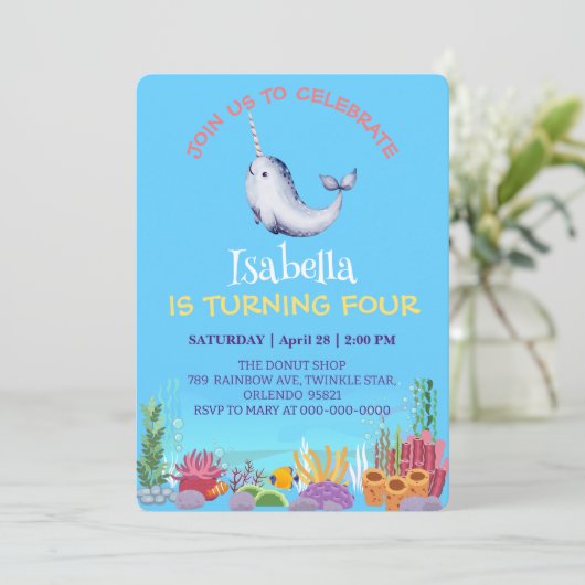 Invitation Cute Narwhal Fish Unicorn Baleine mer Anniversaire (Debout devant)