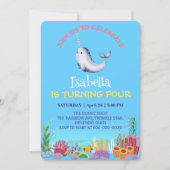 Invitation Cute Narwhal Fish Unicorn Baleine mer Anniversaire (Devant)