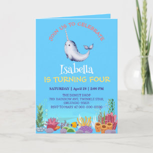 Invitation Cute Narwhal Fish Unicorn Baleine mer Anniversaire