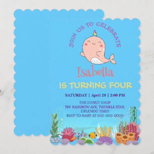 Invitation Cute Narwhal Fish Unicorn Rainbow Sea Anniversaire