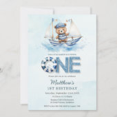 Invitation Cute Nautical Blue Boat Teddy Bear 1er anniversair (Devant)