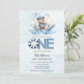 Invitation Cute Nautical Blue Boat Teddy Bear 1er anniversair (Debout devant)