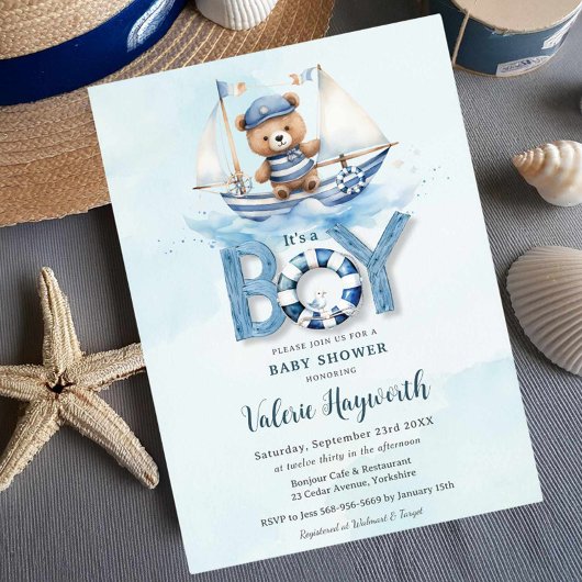 Invitation Cute Nautical Blue Boat Teddy Bear Boat Baby showe