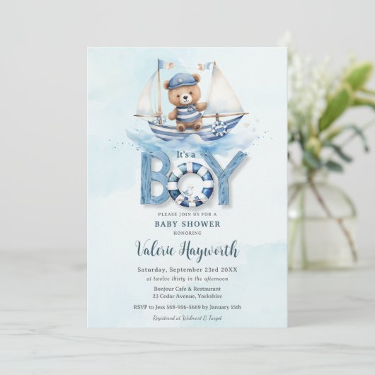 Invitation Cute Nautical Blue Boat Teddy Bear Boat Baby showe (Debout devant)