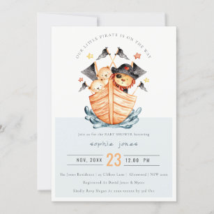 Invitation Cute Nautical Pirate Ship Lion Cub Baby shower