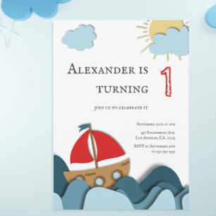 Invitation Cute Nautical Sail Boat Boy Premier anniversaire