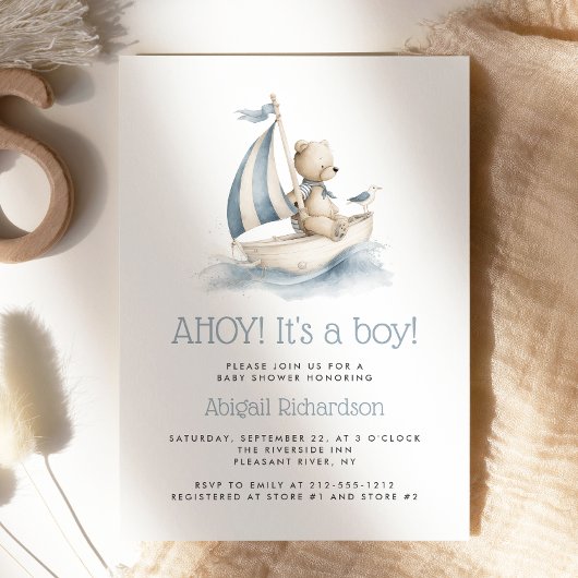 Invitation Cute Nautical Teddy Bear Boy Baby Shower