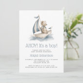 Invitation Cute Nautical Teddy Bear QR Code Boy Baby Shower (Debout devant)